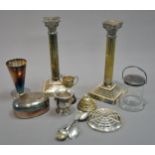 PAIR OF ELECTROPLATED CORINTHIAN TABLE CANDLESTICKS, each of fluted form with square, stepped