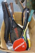 HEAD SQUASH RACKET, WILSON SQUASH RACKET, THREE BADMINTON RACKETS AND TWO OLD TENNIS RACKETS, ONE BY