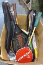 HEAD SQUASH RACKET, WILSON SQUASH RACKET, THREE BADMINTON RACKETS AND TWO OLD TENNIS RACKETS, ONE BY