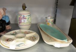 POOLE POTTERY c.1960's LAMP BASE, HORS D' OEUVRES DISH, PRESERVE JAR, NIBBLES TRAYS AND PLATE (6)