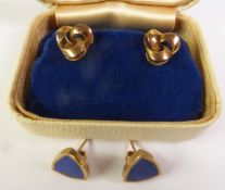 PAIR OF LAPIS LAZULI STUD EARRINGS, kite-shaped lapis lazuli inset into 9ct gold frames, with post