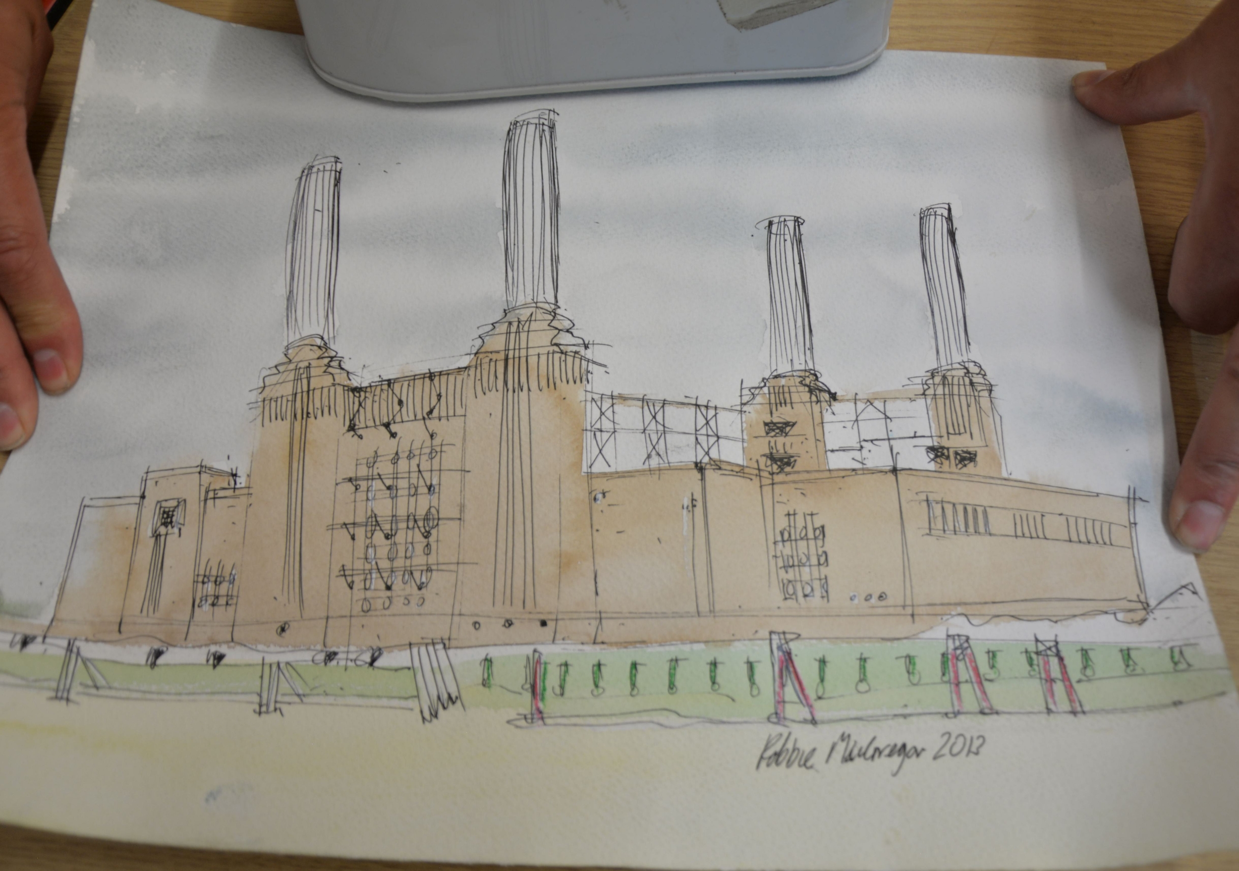 TWO UNFRAMED WATERCOLOURS BY ROBBIE McGREGOR 2013 'BIG BEN', AND 'BATTERSEA POWER STATION' (2)