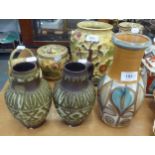 PAIR OF WEST GERMAN CERAMIC FLAGONS AND A LANGLEY POTTERY VASE IN THE MANNER OF ALDERMASTON (3)