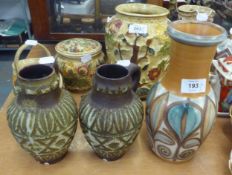 PAIR OF WEST GERMAN CERAMIC FLAGONS AND A LANGLEY POTTERY VASE IN THE MANNER OF ALDERMASTON (3)