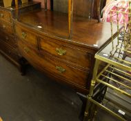 A LATE 19TH CENTURY MAHOGANY BOW FRONTED LOW CHEST OF TWO SHORT AND ONE LONG DRAWER, ON CABRIOLE