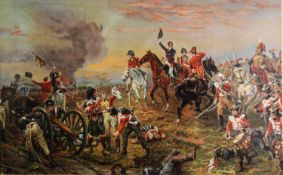 AN EARLY 1900's CHROMOLITHOGRAPH 'WELLINGTON AT WATERLOO' and another MODERN REPRODUCTION MILITARY