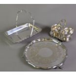 ELECTROPLATED SALVER, with foliate engraved centre and scroll feet, OBLONG SWING HANDLED CAKE BASKET