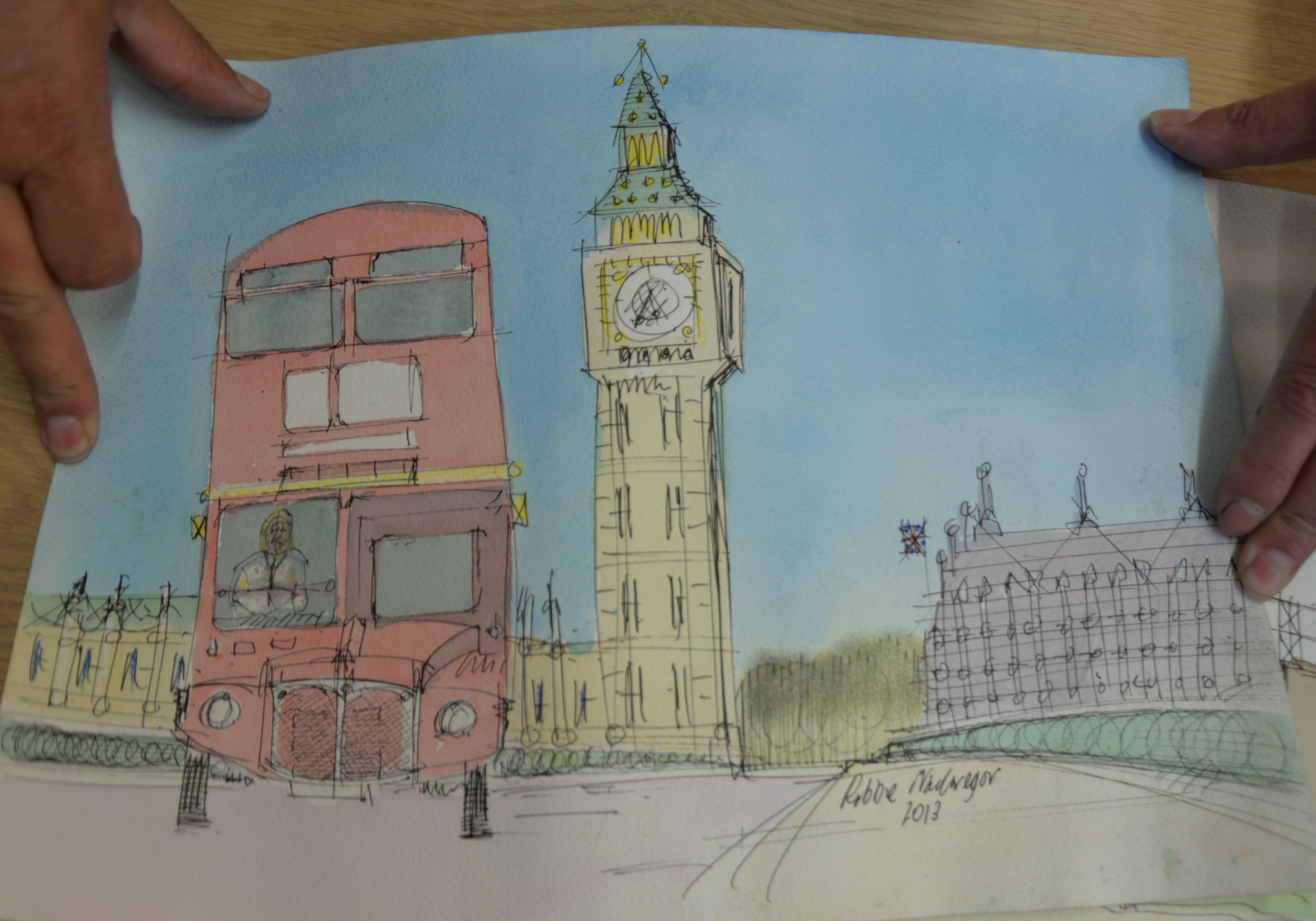 TWO UNFRAMED WATERCOLOURS BY ROBBIE McGREGOR 2013 'BIG BEN', AND 'BATTERSEA POWER STATION' (2) - Image 2 of 2