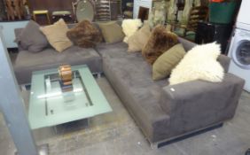 A HUGE L-SHAPED BROWN SUEDE SOFA, WITH SCATTER CUSHIONS, 78cm HIGH x 273cm LONG x 233cm WIDE