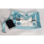 MASONIC APRON in pale blue rep and white leather with BRIGHT METAL ATTACHMENTS, (c/r pristine) and