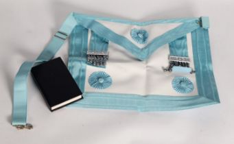 MASONIC APRON in pale blue rep and white leather with BRIGHT METAL ATTACHMENTS, (c/r pristine) and