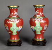 PAIR OF MODERN CHINESE CLOISONNÉ VASES, each of baluster form with waisted neck, decorated in
