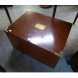 A LARGE STAINED WOOD HINGED TOP STORAGE BOX WITH BRASS CORNERS