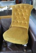 VICTORIAN BUTTON UPHOLSTERED EASY CHAIR ON SHORT SCROLL SUPPORT
