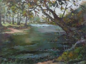 CLIFFORD KENWORTHY (TWENTIETH/ TWENTY FIRST CENTURY) OIL ON BOARD ‘Sand Bed Wheel, River Hodder’