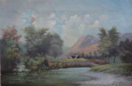 F.C. HOOPER OIL PAINTING ON CANVAS River landscape with farm building and fields in background