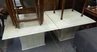 A PAIR OF MODERN CREAM COLOURED MARBLE SQUARE SIDE TABLES, RAISED ON SQUARE COLUMN BASES (top 76cm X