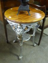 A BRITANNIA PUB TABLE, WITH STAINED WOODEN TOP (TOP 60cm diameter)