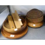 TEAK SMALL LAZY-SUSAN, TWO WOODEN BOWLS, WOVEN SEWING BOX WITH LID AND FOUR WALKING STICK, ONE