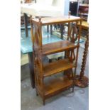 A MAHOGANY REPRODUCTION FOUR TIER OPEN BOOKCASE/WHAT-NOT, HAVING TWO SMALL DRAWERS BELOW, THE OPEN