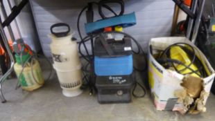 A KARCHER 411A JET WASH AND KEW HOBBY 3600 JET WASH AND TWO PUMP ACTION GARDEN SPRAYS