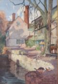 A. RON CARMICHAEL (EARLY TWENTIETH CENTURY) WATERCOLOUR Riverside scene with houses and horse