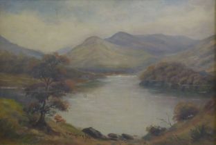 F WRIGLEY (EARLY TWENTIETH CENTURY) OIL ON CANVAS Highland lake scene Signed and dated (19)14