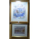 PASTEL PICTURES SHIP IN HARBOUR SIGNED HARPER AND LAKELAND LANDSCAPE INDISTINCTLY SIGNED