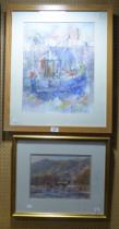 PASTEL PICTURES SHIP IN HARBOUR SIGNED HARPER AND LAKELAND LANDSCAPE INDISTINCTLY SIGNED