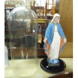 DEVOTIONAL MADONNA STATUE BENEATH GLASS DOME, 24 ½” (62.3cm) HIGH APPROX, ON VELVET LINED BASE