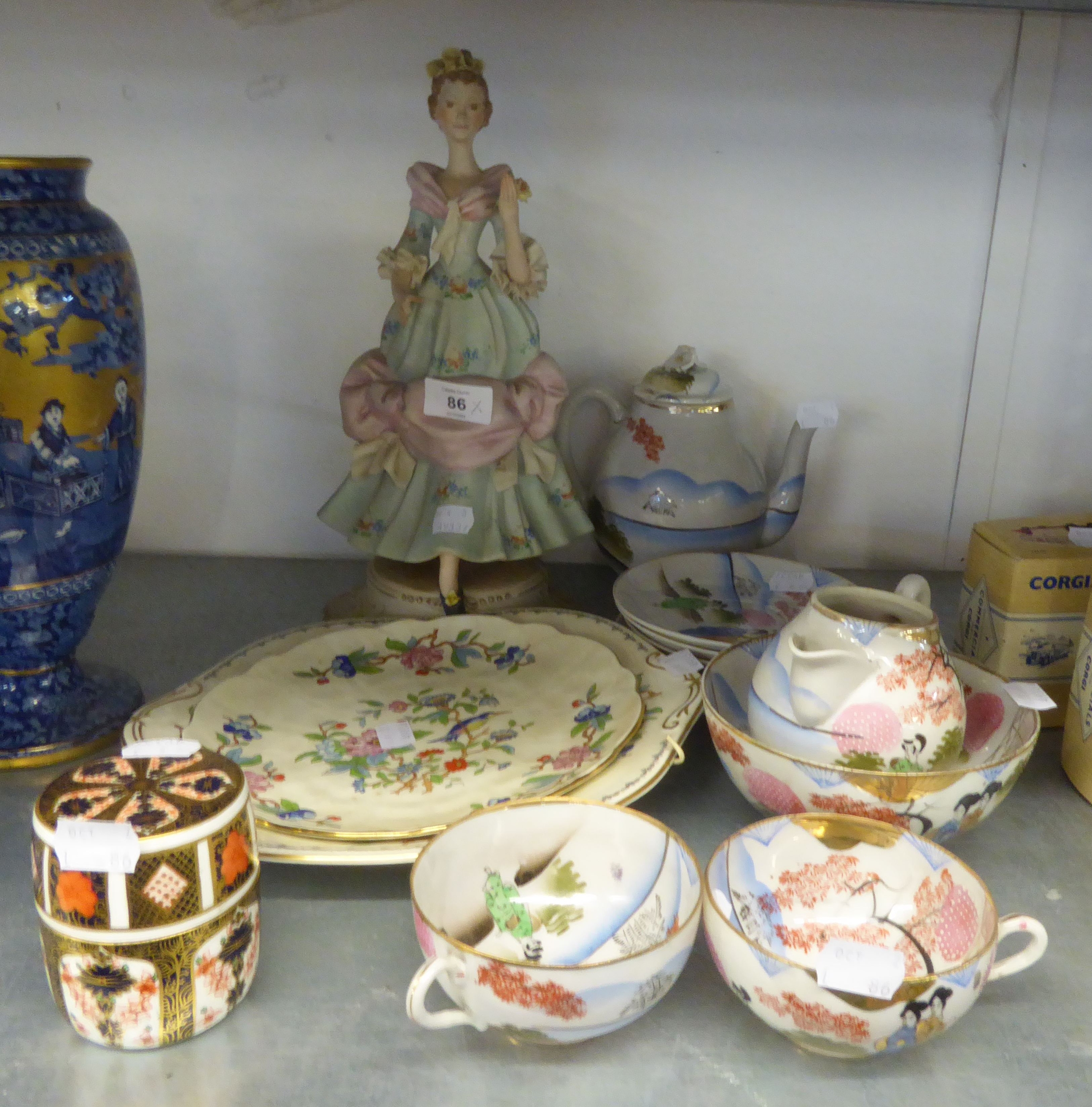 A 12 PIECE JAPANESE EGGSHELL PART TEASET, A CAPO DI MONTE FIGURE, A ROYAL CROWN DERBY PORCELAIN