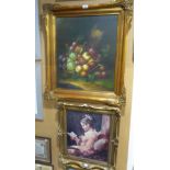 MODERN OIL ON CANVAS 'BASKET OF FRUIT' IN GILT FRAME ANOTHER 'LADY READING A BOOK' AND ANOTHER OIL