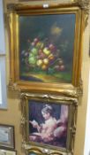 MODERN OIL ON CANVAS 'BASKET OF FRUIT' IN GILT FRAME ANOTHER 'LADY READING A BOOK' AND ANOTHER OIL