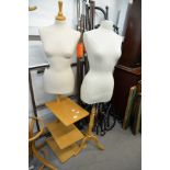 TWO MANNEQUINS AND A BENTWOOD COAT STAND, ONE DUMMY ON TRIPOD BASE, THE OTHER ON A THREE SHELF