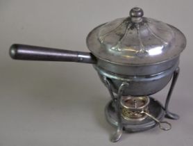 ELECTROPLATED EGG CODDLER ON SPIRIT BURNER STAND, with removable four division insert, black wood