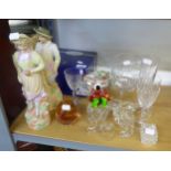 A PAIR OF TINTED BISQUE FIGURES, A LADY AND YOUNG MAN, A BOXED ROYAL DOULTON CUT CRYSTAL BASKET, A