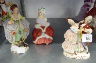 ROYAL DOULTON FIGURE 'PEGGY', HN 2038 AND A DRESDEN FIGURE OF A LADY WITH A DOG AT HER FEET, A