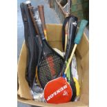 HEAD SQUASH RACKET, WILSON SQUASH RACKET, THREE BADMINTON RACKETS AND TWO OLD TENNIS RACKETS, ONE BY