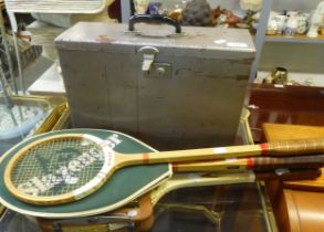 A DUNLOP WOODEN TENNIS RACKET, ANOTHER WOODEN TENNIS RACKET, A DUNLOP BADMINTON RACKET AND A METAL