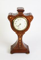 EDWARDIAN INLAID MAHOGANY MANTLE CLOCK, with 3 ½” Arabic dial, drum shaped movement by Duverdry &