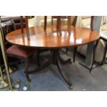 REGENCY MAHOGANY CIRCULAR BREAKFAST TABLE, ON TURNED COLUMN AND SWEPT TRIPOD SUPPORTS, WITH CASTORS