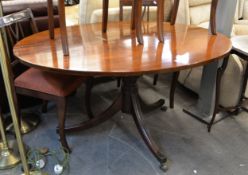 REGENCY MAHOGANY CIRCULAR BREAKFAST TABLE, ON TURNED COLUMN AND SWEPT TRIPOD SUPPORTS, WITH CASTORS