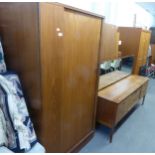 AUSTIN SUITE TEAK BEDROOM FURNITURE TO INCLUDE; TWO TAMBOUR DOOR WARDROBES (ONE DISMANTLED), A SIX