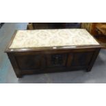 EARLY TO MID TWENTIETH CENTURY OAK OTTOMAN BOX, WITH APPLIED DECORATION AND LATER UPHOLSTERY, 49 1/