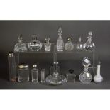 ELEVEN GLASS SCENT BOTTLES AND STOPPERS, including a L S A ‘CORDELIA’ EXAMPLE, TWO WITH SILVER