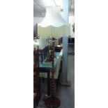 STANDARD LAMP; 1930's STAINED BEECH BARLEY SUGAR TWIST STANDARD LAMP, WITH IVORY COLOURED LINED