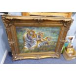 DANIELLE (TWENTIETH CENTURY) OIL ON CANVAS 'FAMILY OF TIGERS' IN LARGE ORNATE GILT FRAME (140cm x