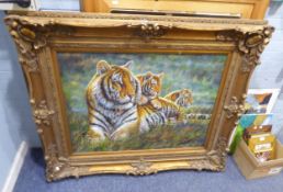 DANIELLE (TWENTIETH CENTURY) OIL ON CANVAS 'FAMILY OF TIGERS' IN LARGE ORNATE GILT FRAME (140cm x