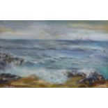 M CAMPBELL (TWENTIETH CENTURY) OIL ON BOARD Coastal scene with cargo ship in the distance Signed 15”