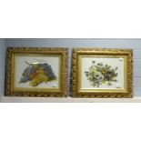 TWO PAINTING ON OPAQUE GLASS 'FRUIT' AND 'FLOWERS' IN ORNATE GILT FRAMES (2)